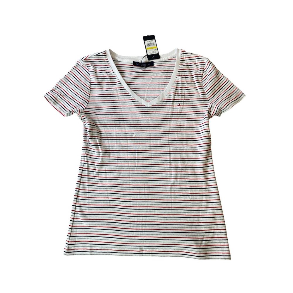 NWT Tommy Hilfiger Stripe V-Neck Cotton T-Shirt Short Sleeve Red White Blue Medi